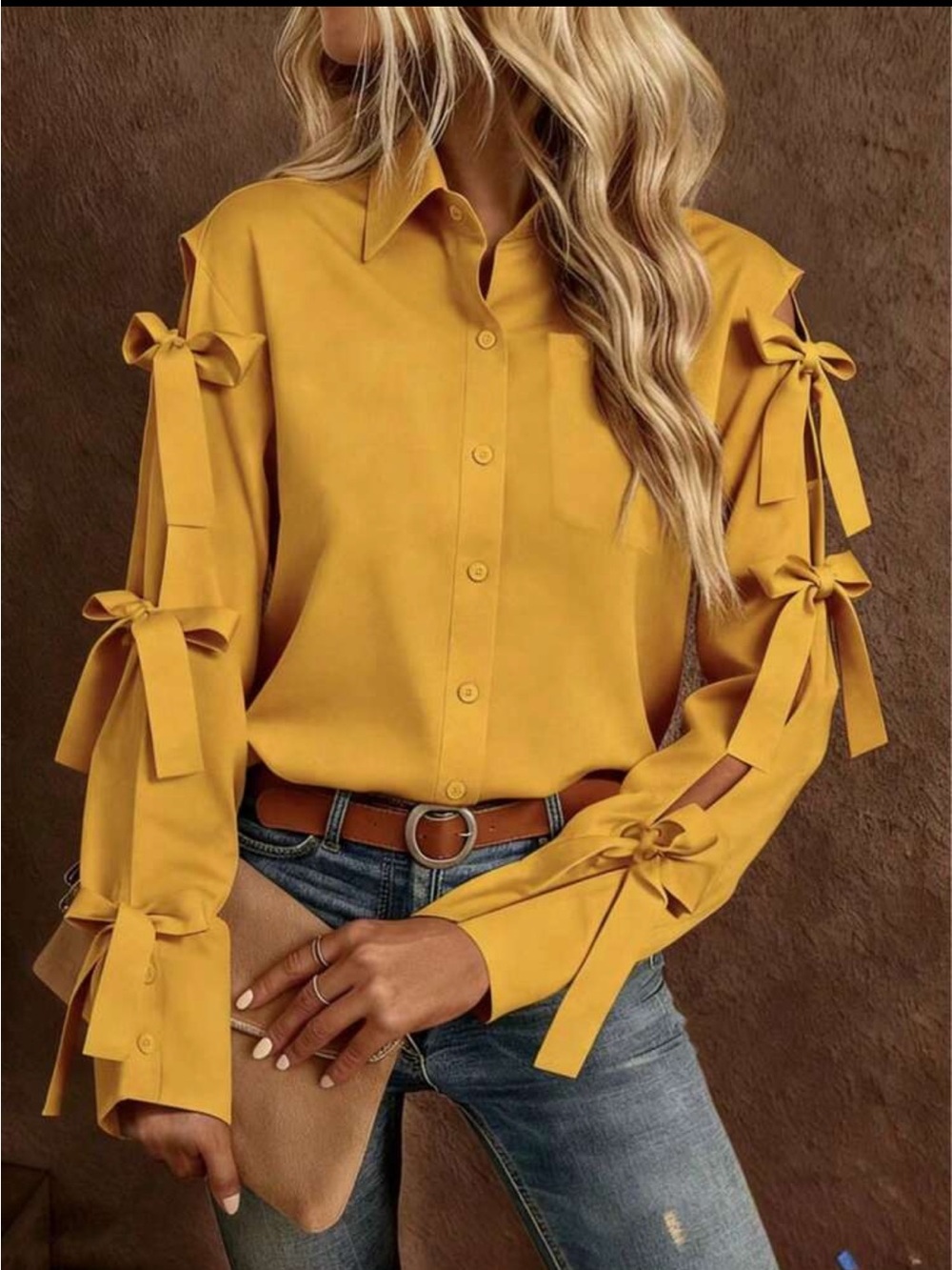 Classic Bow-Tie Long Sleeve Button Down Up Shirt Top Blouse